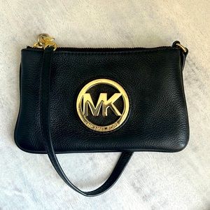 Michael Kors Black Signature Gold Pebbled Leather Wristlet